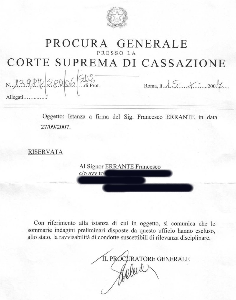 Lettera della Procura Generale presso la Corte di Cassazione